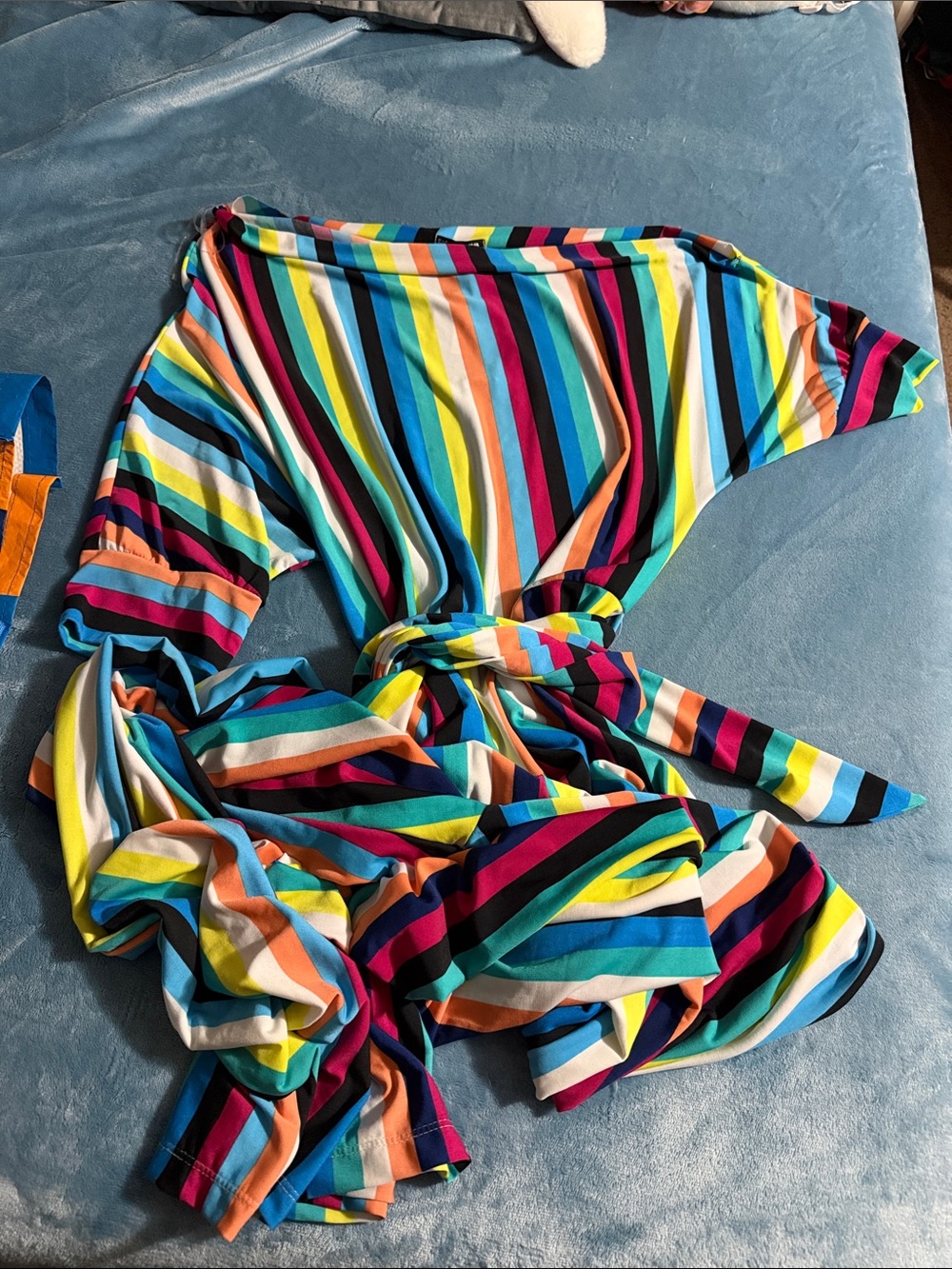 Vibrant Multicolor Striped Tie-Waist off shoulder romper 2x